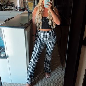 Black and white gingham print flare slit high waisted pants